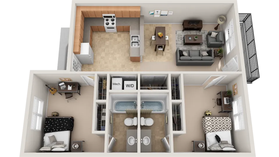2 Bed/ 2 Bath 920 sq. ft.